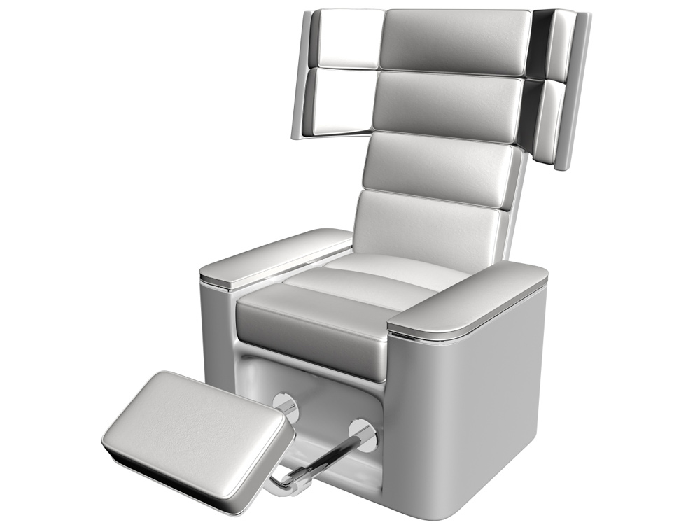 Concept airplane seat in white leather, chrome and ABS