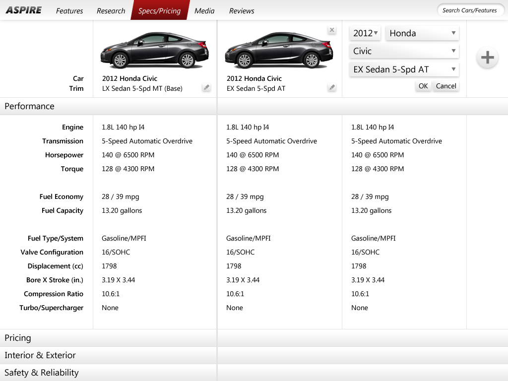 Honda Civic Specifications with accordion and custom specs